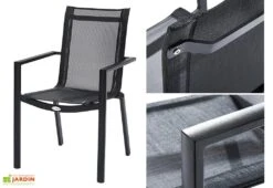 Salon De Jardin HPL Star Noir : Table Extensible Alu + 6 Fauteuils -Hevea Jardin Magasin fauteuil aluminium textilene salon de jardin 6 10 personnes hpl