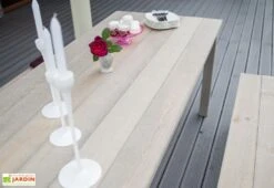 Table De Jardin En Bois Huilé 178 Cm + 2 Bancs – Liepaja -Hevea Jardin Magasin plateau table jardin bois huile lin gris ekju 257059