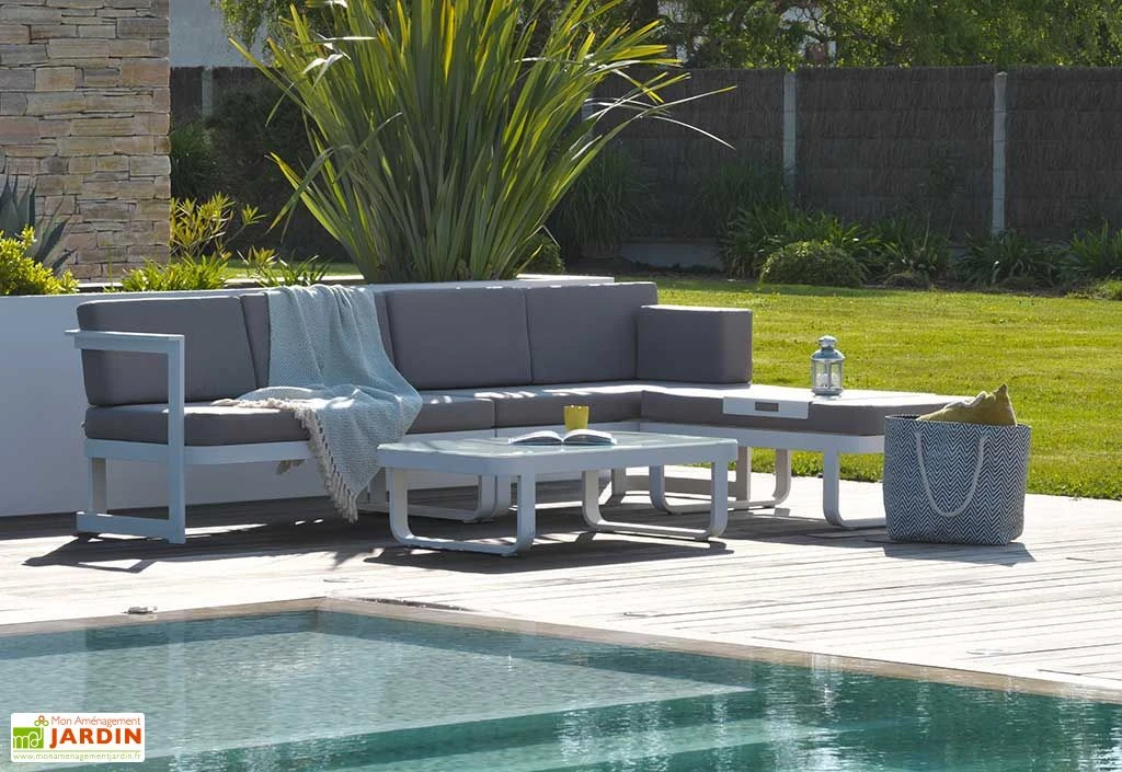 Salon De Jardin En Aluminium Barcelona : 1 Table + 2 Canapés + 1 Pouf 1 Salon De Jardin En Aluminium Barcelona : 1 Table + 2 Canapés + 1 Pouf