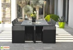 Salon De Jardin Résine Tressée Encastrable Noir : 1 Table + 8 Fts