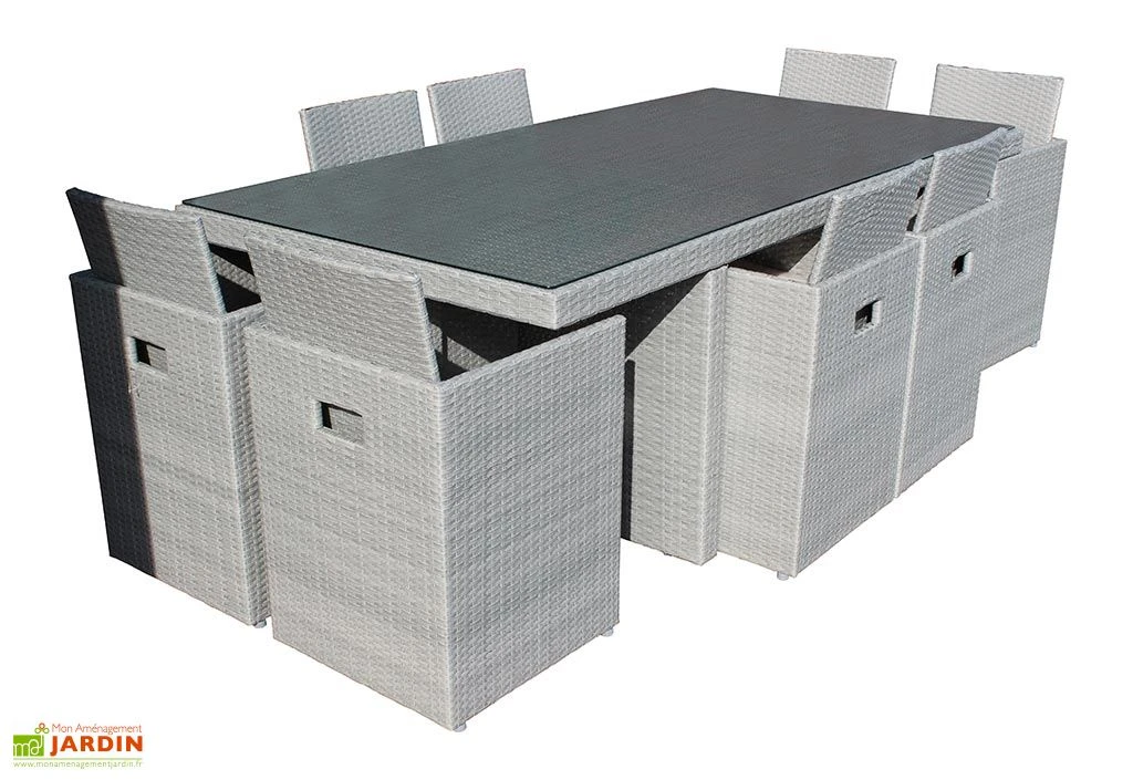 Salon De Jardin En Résine Tressée Encastrable Gris : 1 Table + 8 Fts 3 Salon De Jardin En Résine Tressée Encastrable Gris : 1 Table + 8 Fts – Image 3