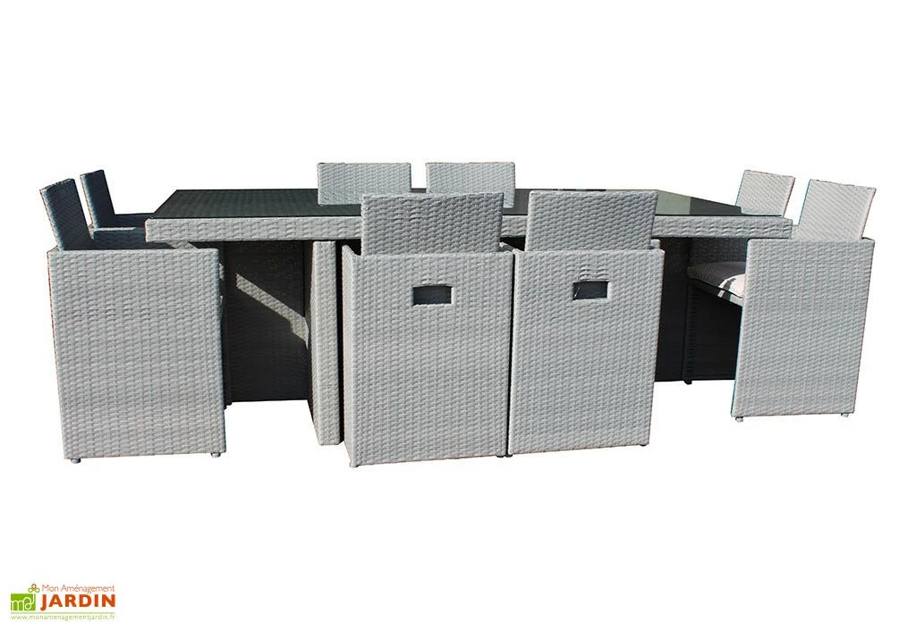 Salon De Jardin En Résine Tressée Encastrable Gris : 1 Table + 8 Fts 4 Salon De Jardin En Résine Tressée Encastrable Gris : 1 Table + 8 Fts – Image 4
