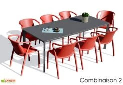 Salon De Jardin : 1 Table Aluminium 200 X 90 Cm Anthracite + 8 Fauteuils – Fado -Hevea Jardin Magasin salon jardin alu 8 places anthracite rouge