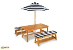 KidKraft Salon De Jardin Bois Pour Enfants : Table, Bancs, Parasol Bleu Marine