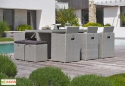 Salon De Jardin En Résine Tressée Encastrable : 11 Pièces, 2 Coloris -Hevea Jardin Magasin salon jardin resine tressee 10 places 6fauteuils 4 poufs 4