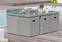 Salon De Jardin En Résine Tressée Encastrable : 11 Pièces, 2 Coloris -Hevea Jardin Magasin salon jardin resine tressee 10 places 6fauteuils 4 poufs 5