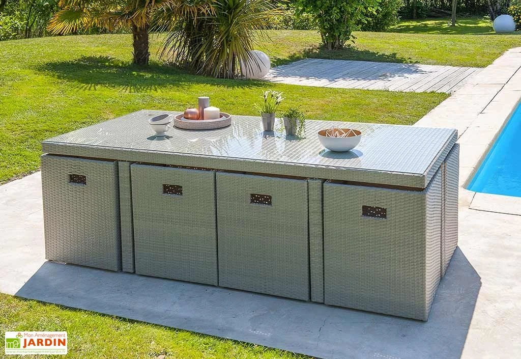 Salon De Jardin En Résine Tressée Encastrable Gris : 1 Table + 8 Fts 2 Salon De Jardin En Résine Tressée Encastrable Gris : 1 Table + 8 Fts – Image 2