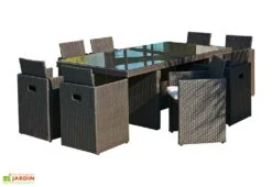Salon De Jardin En Résine Tressée Encastrable Noir : 1 Table + 8 Fts -Hevea Jardin Magasin salon resine tresse encastrable 8 places noir pvc 8 n 2